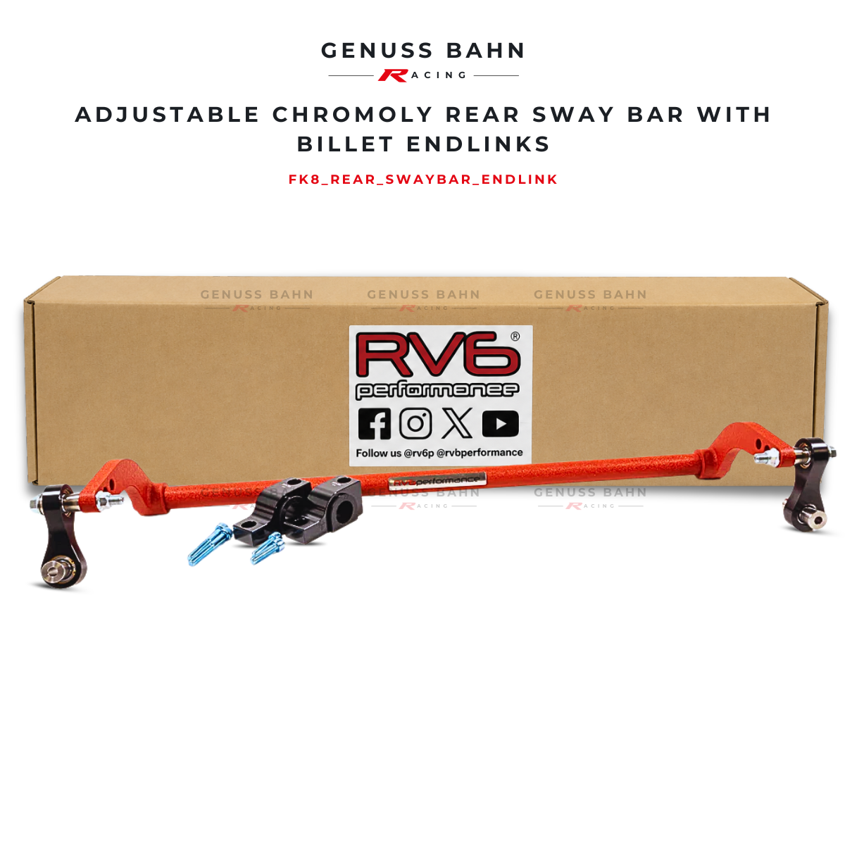 RV6 Performance Adjustable Chromoly Rear Sway Bar with Billet Endlinks For Honda Civic Type R FK8/FL5 (2017+), image 1 of 6