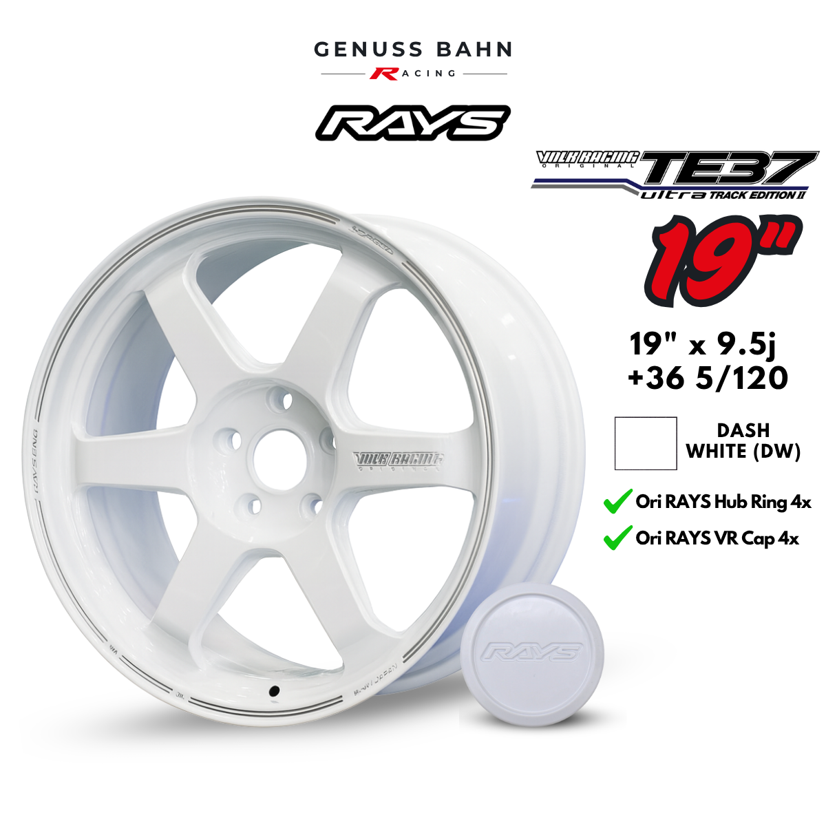 Rays Volk Racing TE37 Ultra Track Edition II (19" x 9.5J +36 5H/120) - Dash White (DW), image 1 of 8