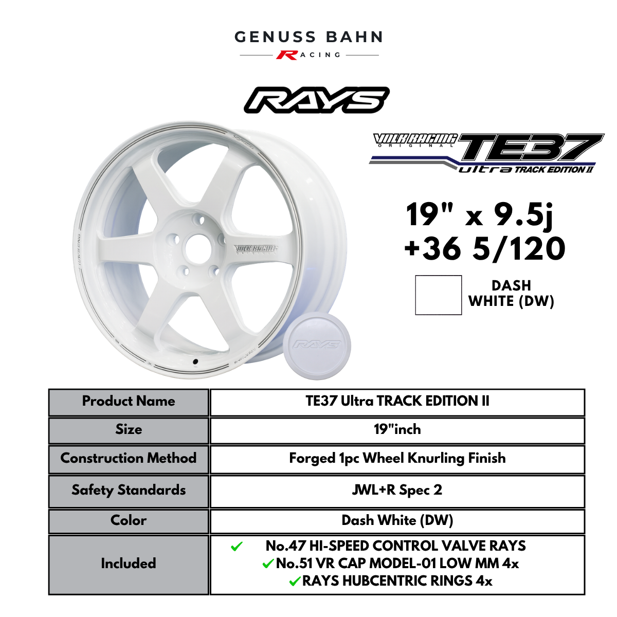 Rays Volk Racing TE37 Ultra Track Edition II (19" x 9.5J +36 5H/120) - Dash White (DW), image 2 of 8