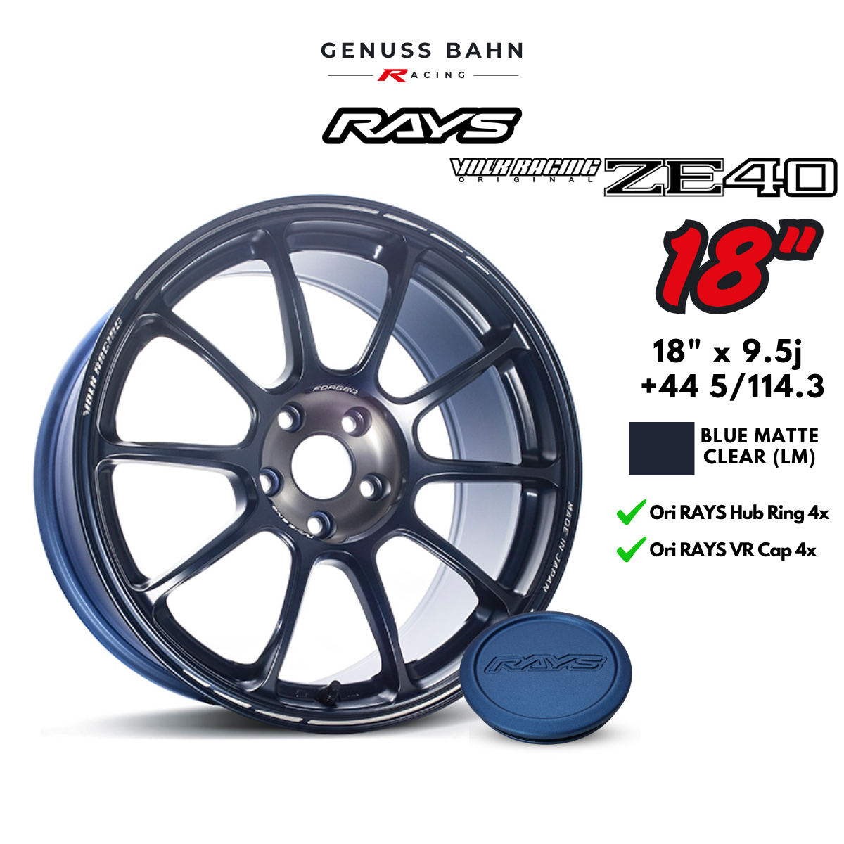 Rays Volk Racing ZE40 (18" x 9.5J +44 5H/114.3) - Blue Matte Clear (LM), image 1 of 10